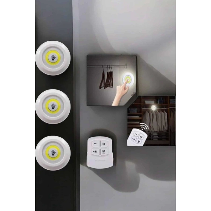 BFS Spot Lamba Led Işık 3lü Uzaktan Kumandalı Pilli Yapışkanlı Kablosuz
