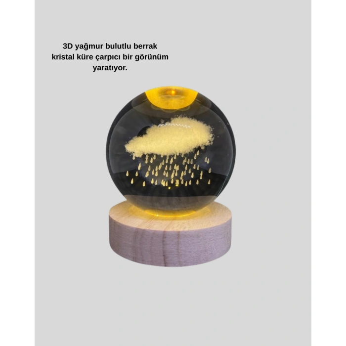 BFS USB LED 3D Yağmur Bulutu Kristal Küre Sıcak Işıklı Ahşap Standlı Gece Lambası