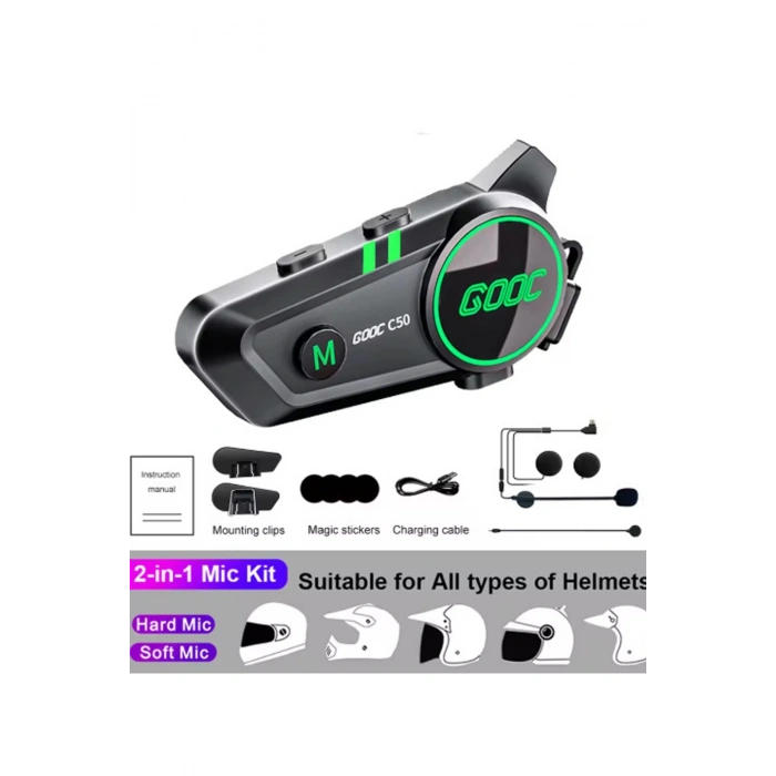 C50 2x Motosiklet Intercom Kask Kulaklık 1500 Mah Rgb Işıklı Çift Eşleşme