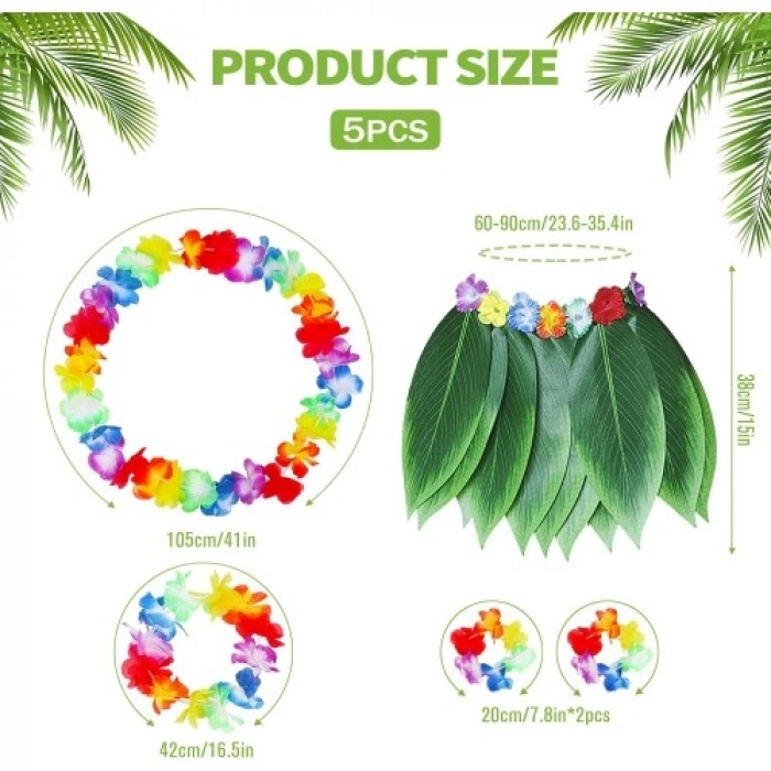 Çocuk Hawaii Kostüm Seti - Yaprak Etek & Hawaii Set - 5 Parça