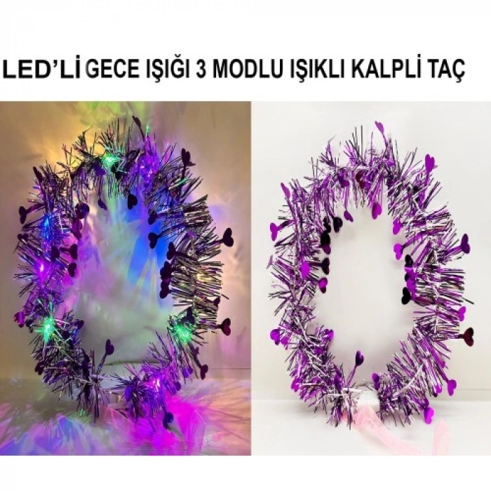 Kalp Püsküllü Gece Parıltısı 3 Modlu LEDli Işıklı Taç Mor Renk