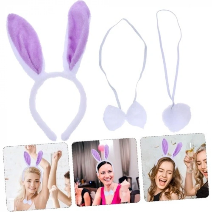 Lila Mor Tavşan Kulak Papyon Kuyruk 3lü Parti Seti