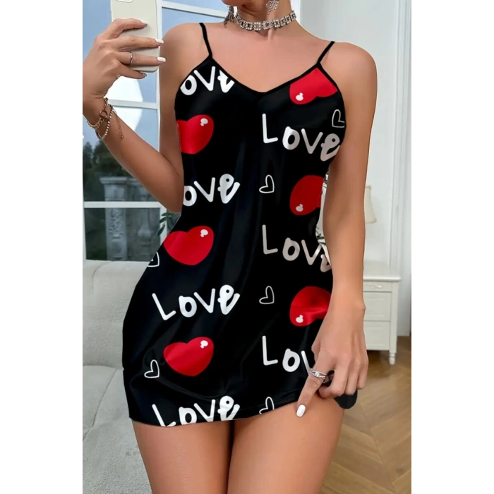Love Desenli Siyah Saten Gecelik