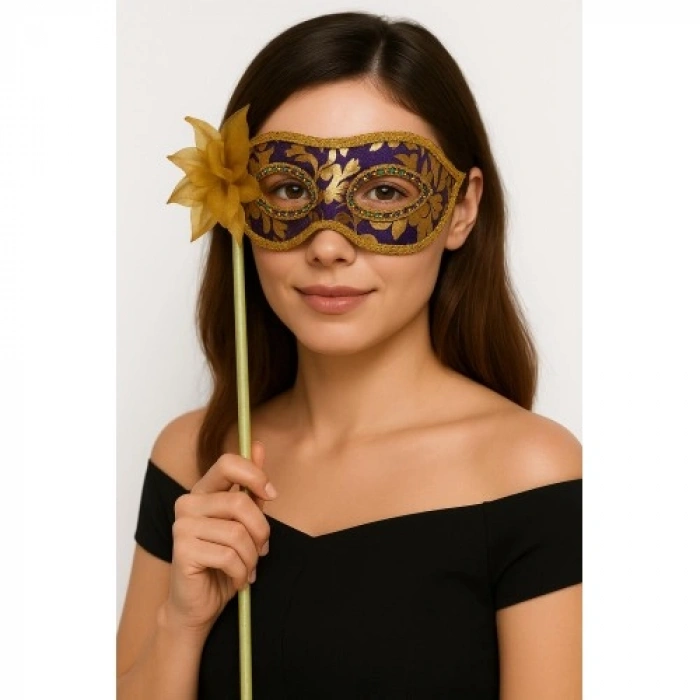 Lüks Taşlı Saplı Maskeli Balo Maskesi Mor Renk 35 cm