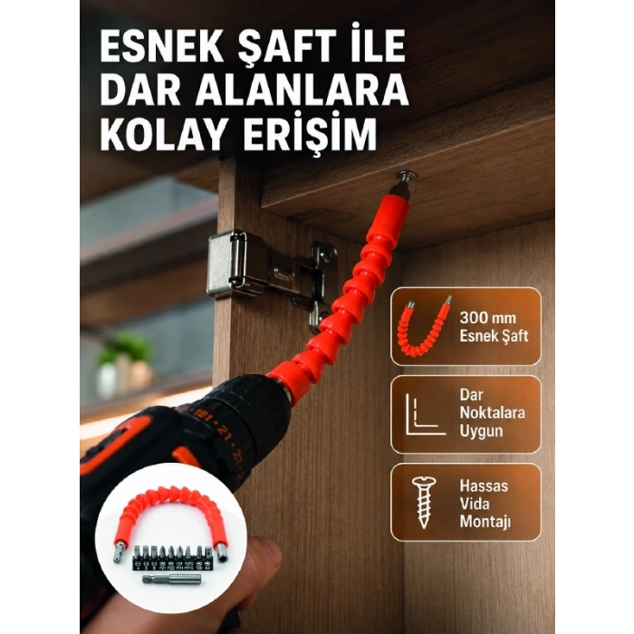 Mey İthalat® 12 Parça Esnek Bits Uç Seti 300 mm Esnek Şaftlı Tornavida Uç Seti