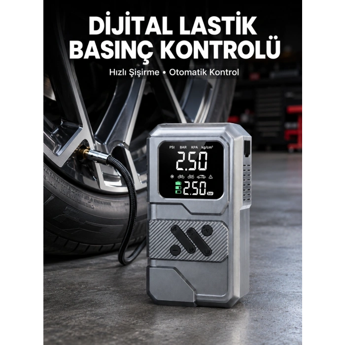 Mey İthalat® 12.000 mAh Akü Takviye Destekli LED Işıklı Araç Kompresörü