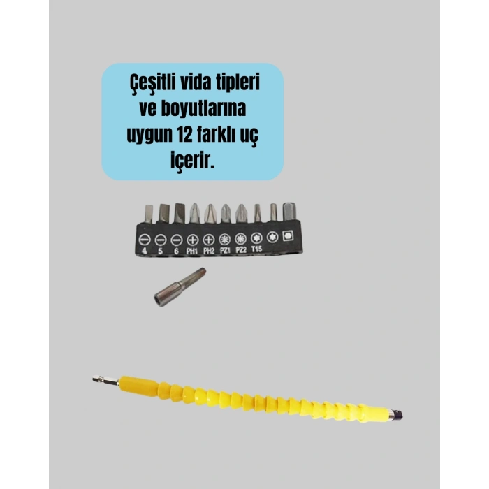 Mey İthalat® 12’li Akrobat Bits Vidalama Seti Esnek Uç Çok Yönlü Kullanım Yeni Nesil