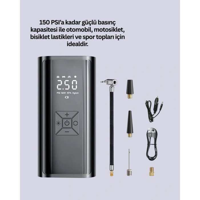 Mey İthalat® 12V Uyumlu Çok İşlevli Akıllı Araç Lastik Pompası Yeni Nesil