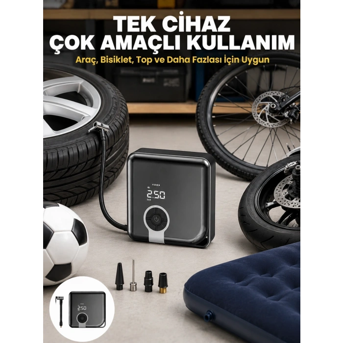 Mey İthalat® 150 PSI Yüksek Basınç Kapasiteli Kablosuz Lastik Pompası Yeni Nesil