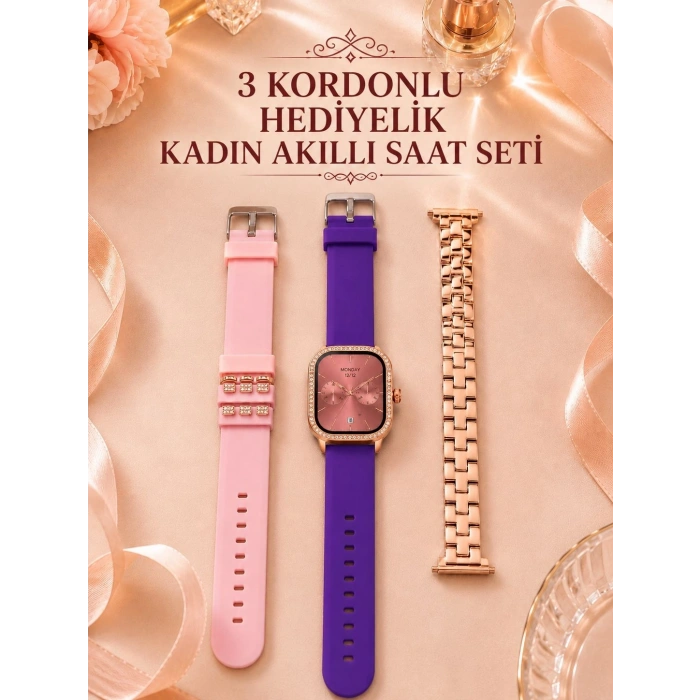 Mey İthalat® 3 Kordonlu Rose Gold Kasalı Kadın Akıllı Saat Seti