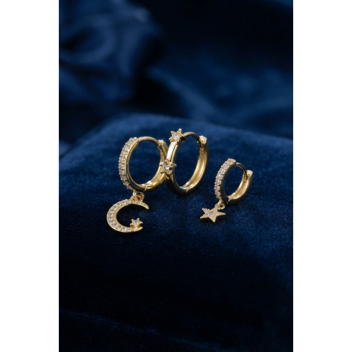 Mey İthalat® 3 lü Ay ve Yıldız Model Gold Renk Set Küpe