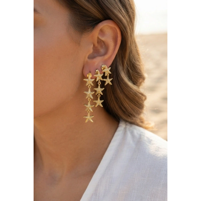 Mey İthalat® 3 lü Set Gold Renk Deniz Yıldızı Model Küpe