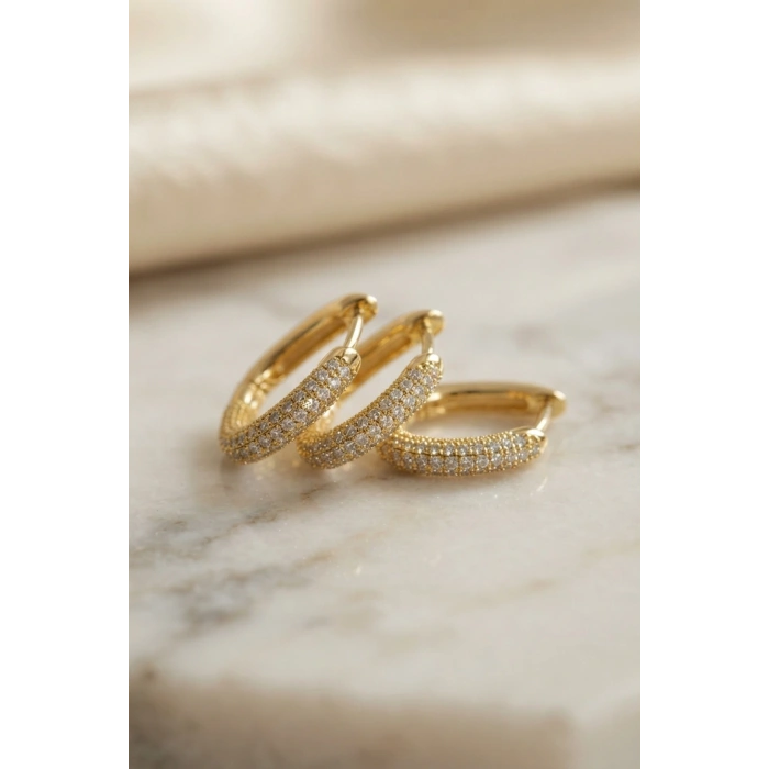 Mey İthalat® 3 lü Set Gold Renk Zirkon Taşlı Kare Halka Küpe