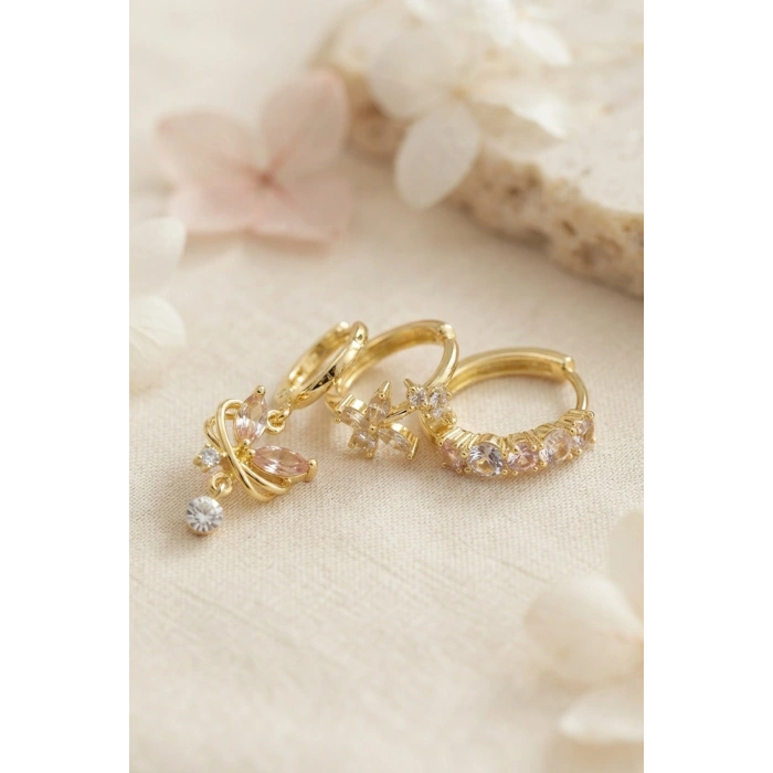 Mey İthalat® 3 lü Set Gold Renk Zirkon Taşlı Kelebek Model Küpe