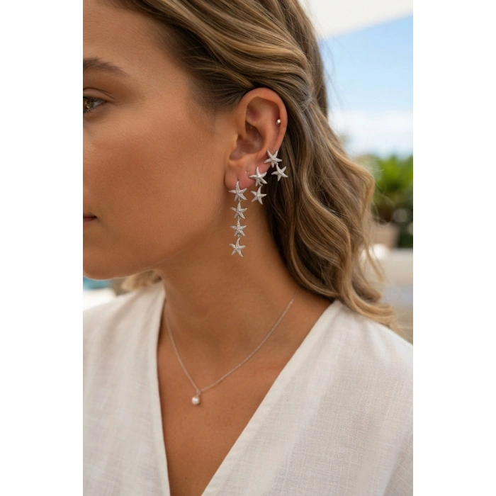 Mey İthalat® 3 lü Set Gümüş Renk Deniz Yıldızı Model Küpe