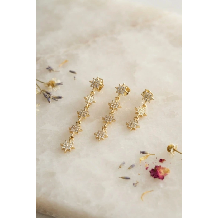 Mey İthalat® 3 lü Set Küpe Gold Renk Kutup Yıldızı Detaylı