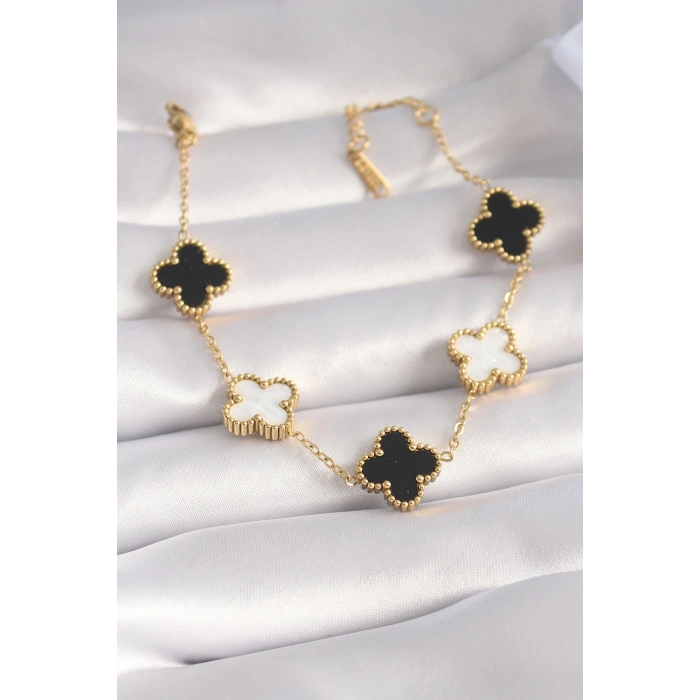 Mey İthalat® 316L Çelik Gold Renk Siyah Beyaz Yonca Model Kadın Bileklik