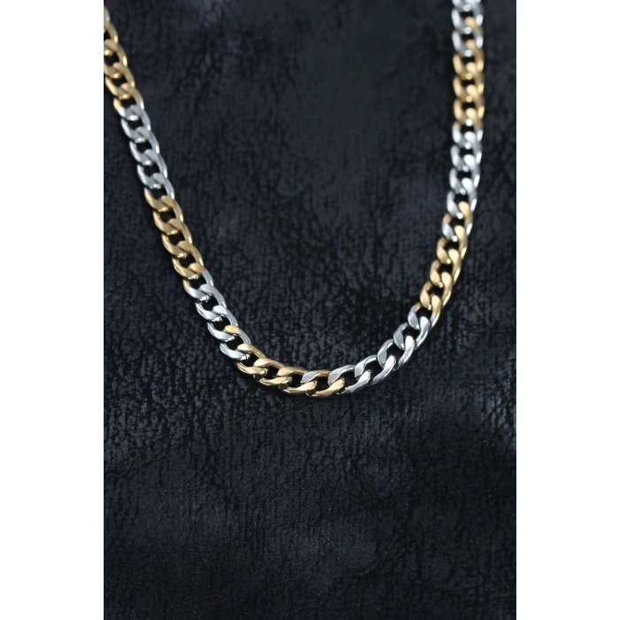 Mey İthalat® 316L Çelik Gümüş ve Gold Renk Curb Erkek Kolye