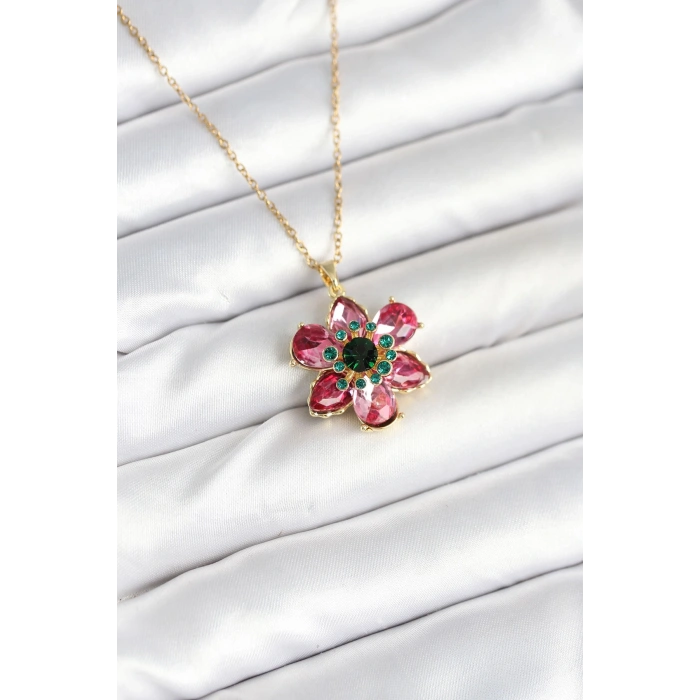 Mey İthalat® 316L Çelik Zincirli Pembe Çiçek Model Kadın Kolye