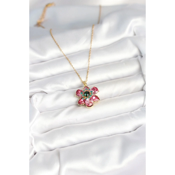 Mey İthalat® 316L Çelik Zincirli Pembe Çiçek Model Kadın Kolye