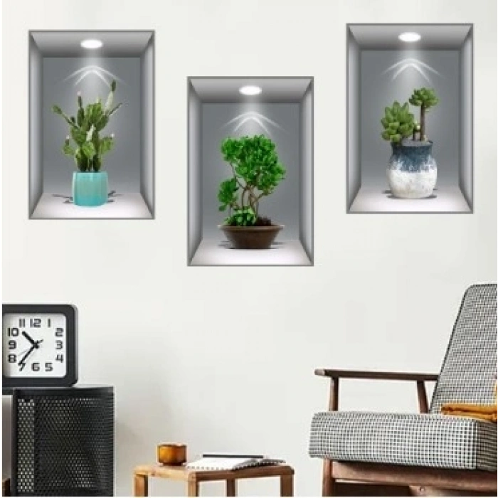 Mey İthalat® 3D Çiçek Vazo Duvar Sticker 3 lü Set GRİ Fon
