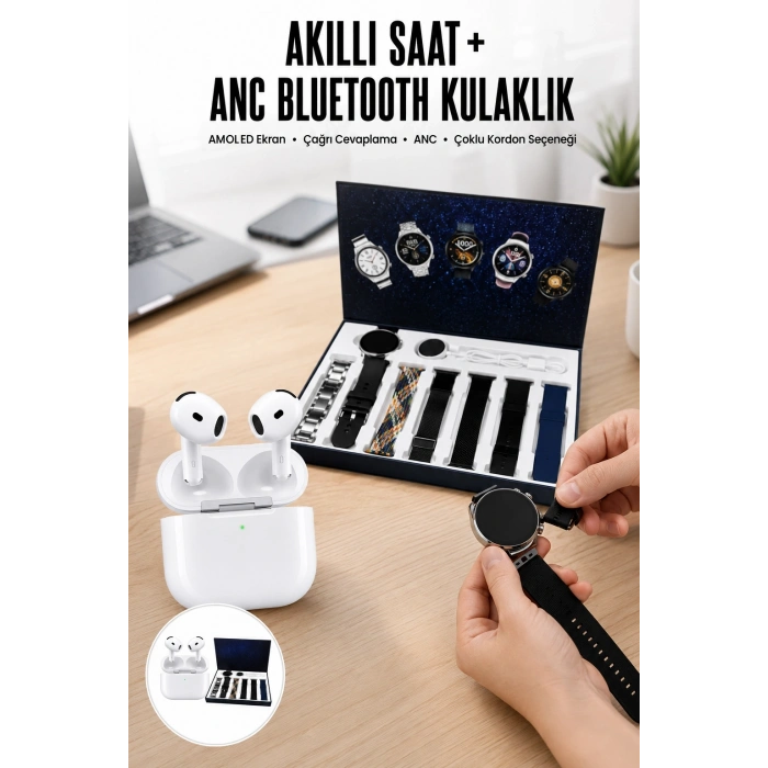Mey İthalat® 3.Nesil TWS Bluetooth Kulaklık Bluetooth Bağlantılı Akıllı Saat Amoled Ekran Plastik Hasır Kordon