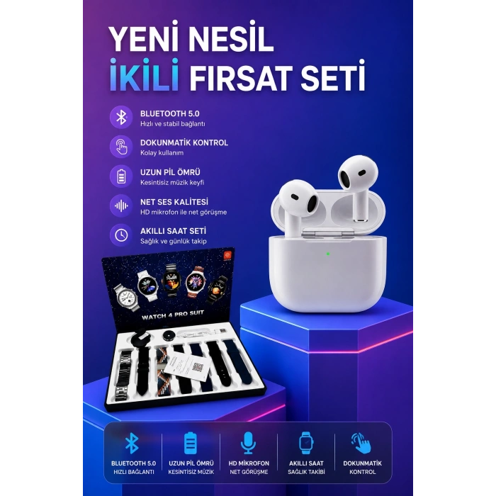 Mey İthalat® 3.Nesil TWS Bluetooth Kulaklık Bluetooth Bağlantılı Akıllı Saat Amoled Ekran Plastik Hasır Kordon