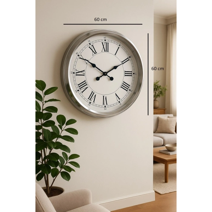 Mey İthalat® 60 cm Krom Metal Roma Rakamlı Duvar Saati