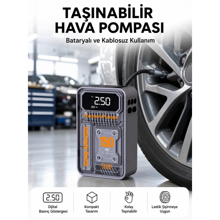 Mey İthalat® 6000mAh Bataryalı LED Ekranlı Akıllı Hava Kompresörü