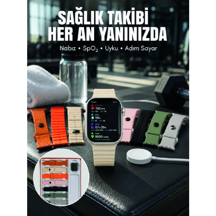 Mey İthalat® 7li Kordon Setli Akıllı Saat Bluetooth Görüşme Bildirim Destekli Çok Fonksiyonlu Smart Watch