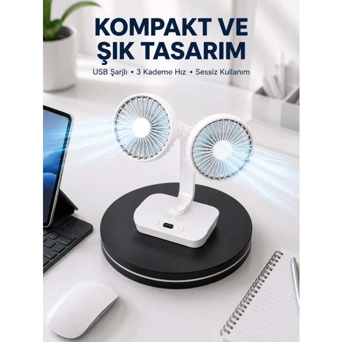 Mey İthalat® 720° Döner Çift Taraflı Masaüstü Vantilatör – USB Şarjlı Sessiz Fan
