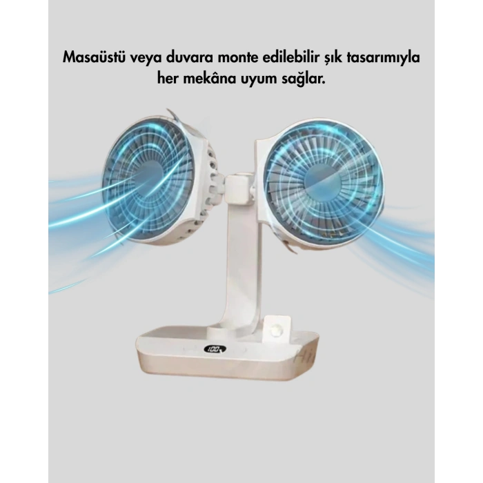 Mey İthalat® 720° Döner Çift Taraflı Masaüstü Vantilatör – USB Şarjlı Sessiz Fan