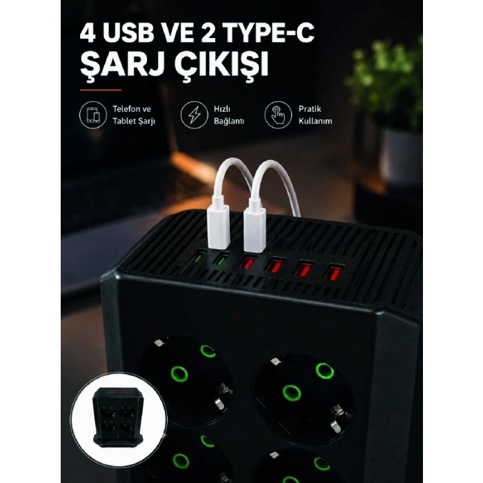 Mey İthalat® 8li Dikey Çoklu Priz 4 USB 2 Type-C Akım Korumalı Anahtarlı Priz