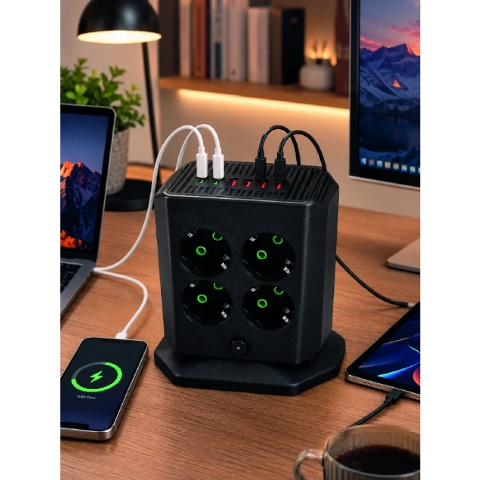 Mey İthalat® 8li Dikey Çoklu Priz 4 USB 2 Type-C Girişli Akım Korumalı Uzatma Prizi