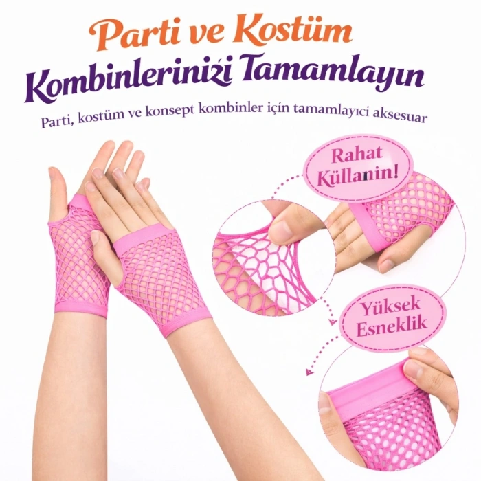 Mey İthalat® 80’ler 90’lar Retro Neon Pembe File Parmaksız Kısa Eldiven 11 cm