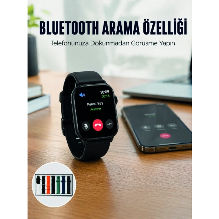 Mey İthalat® Akıllı Saat 7 Kordonlu Bluetooth Aramalı Nabız ve Dokunmatik Akıllı Saat