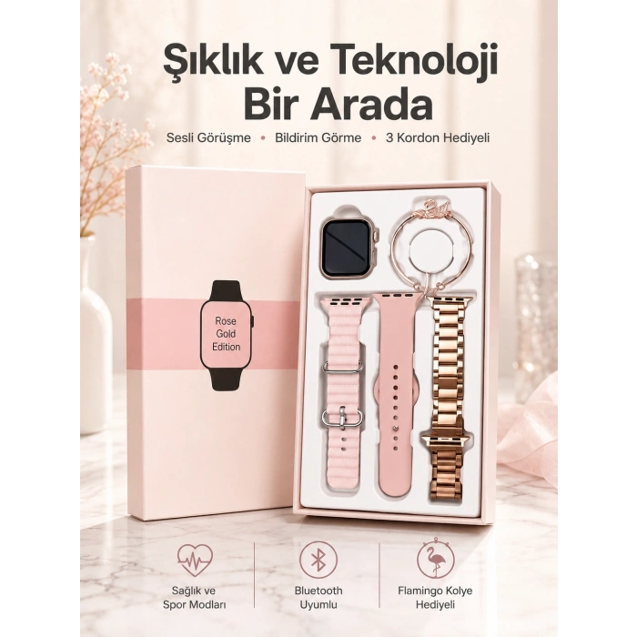 Mey İthalat® Akıllı Saat Amoled Ekran 3 Kordonlu Aksesuar Hediyeli Sesli Görüşme