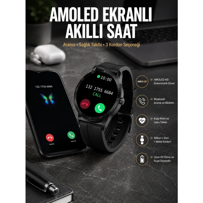Mey İthalat® Akıllı Saat Amoled Ekran 3 Kordonlu NFC Ve GPS Uyumlu