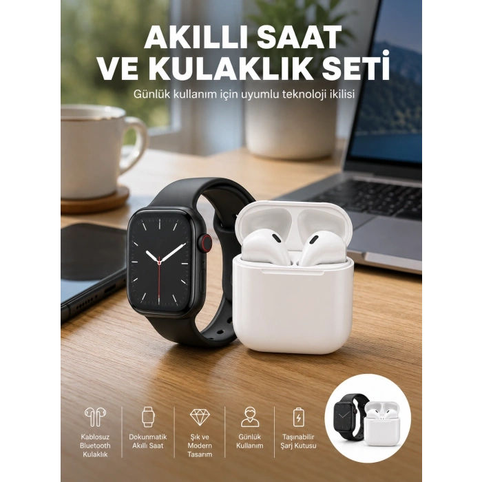 Mey İthalat® Akıllı Saat Gümüş Kasa Bluetooth Kulaklık Hediyeli Çok Fonksiyonlu İkili Set