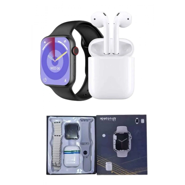 Mey İthalat® Akıllı Saat Gümüş Kasa Bluetooth Kulaklık Hediyeli Çok Fonksiyonlu İkili Set