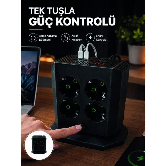 Mey İthalat® Akım Korumalı 8li Dikey Priz 4 USB 2 Type-C Hızlı Şarj Destekli Çoklu Priz