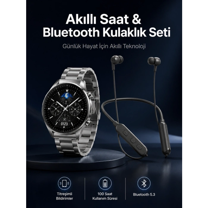 Mey İthalat® Alarm ve Titreşim Özellikli Akıllı Saat ve Mikrofonlu Kablolu Bluetooth Kulaklık 60 Saat