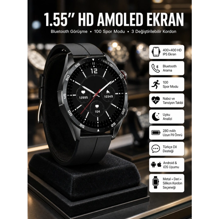 Mey İthalat® Amoled Ekran 3 Kordonlu Akıllı Saat 5.0 Bluetooth Bağlantılı Android ve İOS Uyumlu