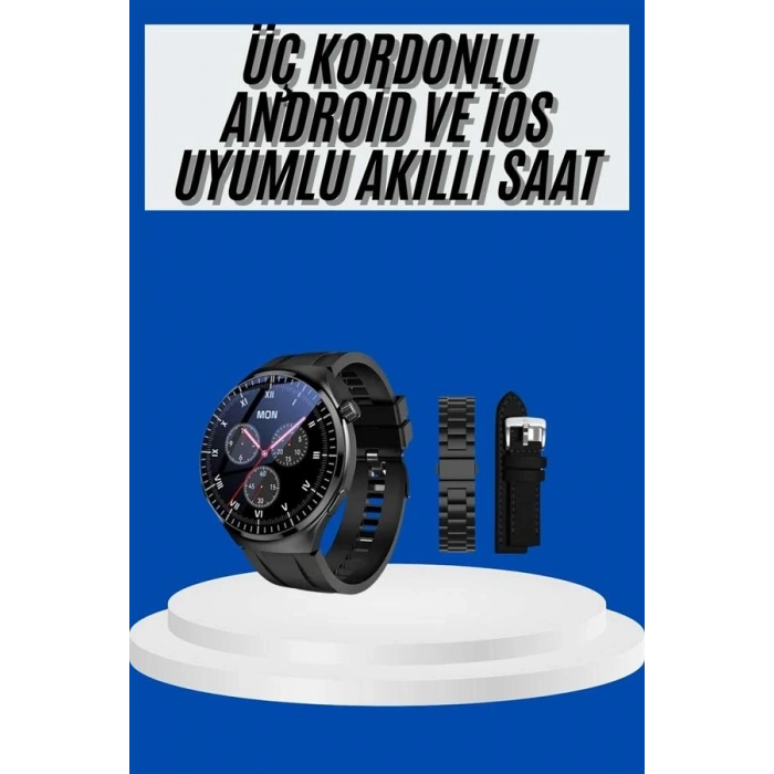 Mey İthalat® Amoled Ekran Akıllı Saat Üç Kordonlu İOS Android Uyumlu