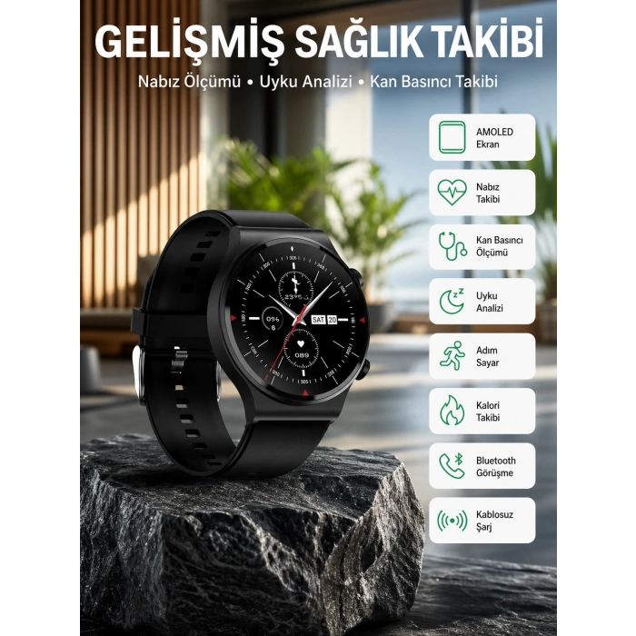 Mey İthalat® Amoled Ekran Metal Deri Silikon Kordonlu Uyku ve Sağlık Takibi