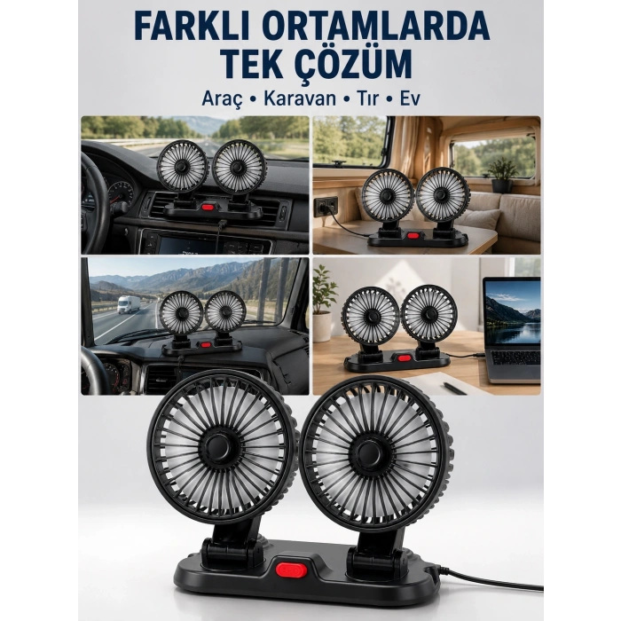Mey İthalat® Araç, Karavan ve Tır İçin Çift Fanlı Mini Vantilatör