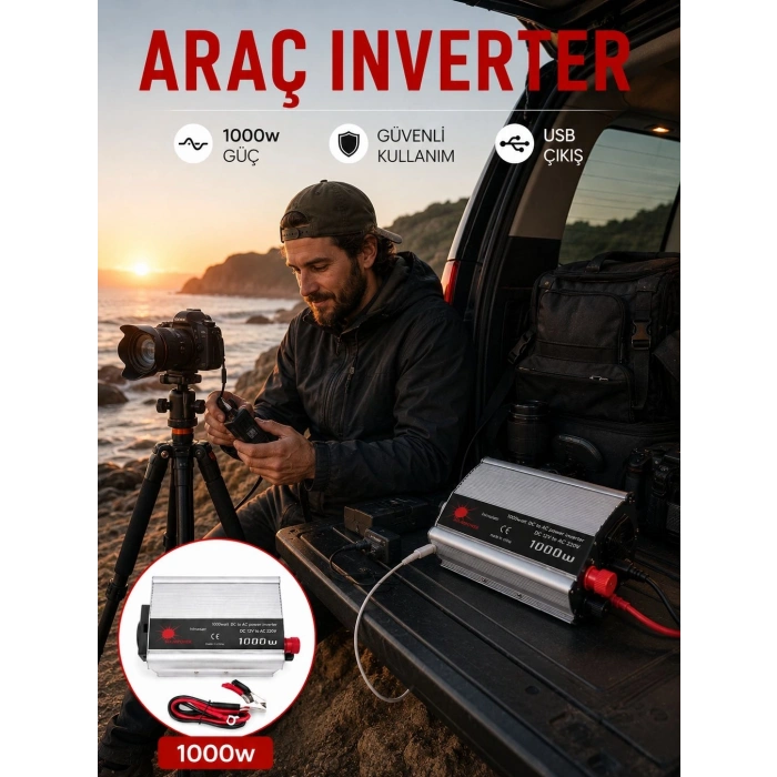 Mey İthalat® Araçtan Elektrik Kullanımı Sağlayan 1000W Akü İnvertör