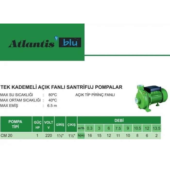 Mey İthalat® Atlantis CM20 1 HP Tek Kademeli Santrifuj Pompa