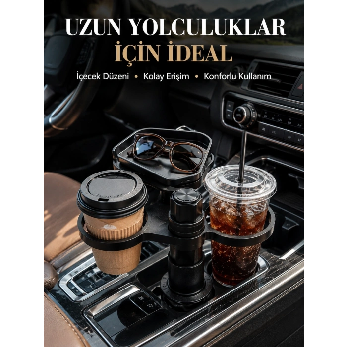 Mey İthalat® Ayarlanabilir Araç Bardaklık Aparatı Çift İçecek ve Tepsili Tasarım