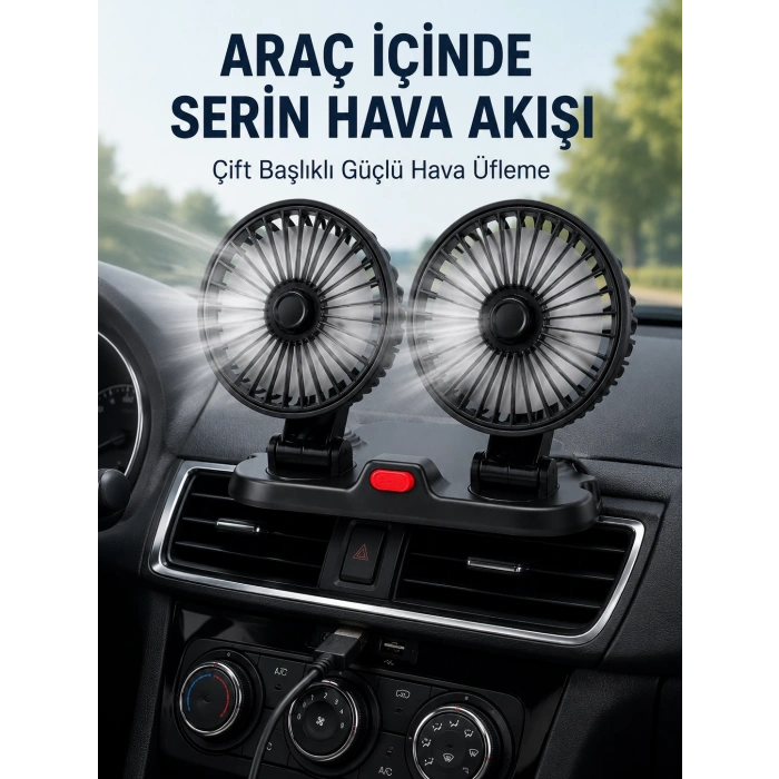 Mey İthalat® Ayarlanabilir Çift Başlıklı Sessiz Araç İçi Vantilatör